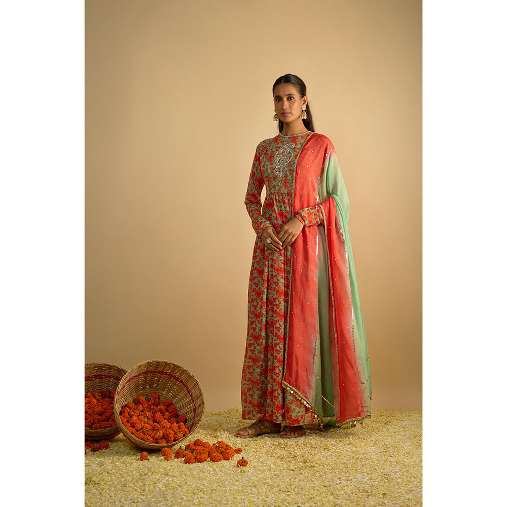 RAYASHA KHAN Green Printed Georgette Hand Embroidered Anarkali with Dupatta