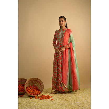 RAYASHA KHAN Green Printed Georgette Hand Embroidered Anarkali with Dupatta