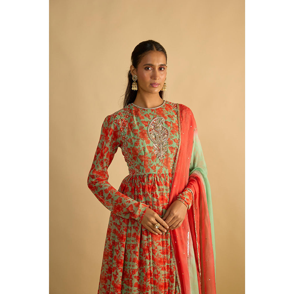 RAYASHA KHAN Green Printed Georgette Hand Embroidered Anarkali with Dupatta