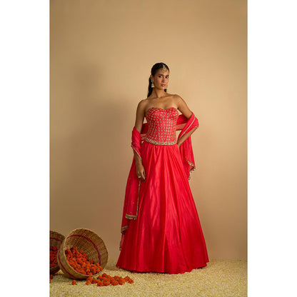 RAYASHA KHAN Pink Crimson Blush Corset Top with Lehenga and Dupatta