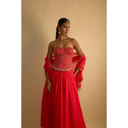 RAYASHA KHAN Pink Crimson Blush Corset Top with Lehenga and Dupatta