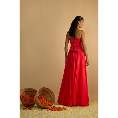 RAYASHA KHAN Pink Crimson Blush Corset Top with Lehenga and Dupatta