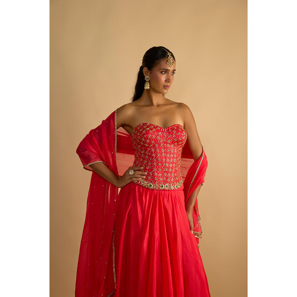 RAYASHA KHAN Pink Crimson Blush Corset Top with Lehenga and Dupatta