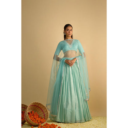 RAYASHA KHAN Aqua Crystal Blue Silk Chiffon Blouse with Lehenga and Dupatta