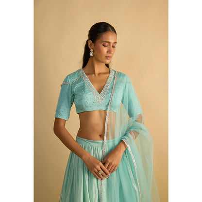 RAYASHA KHAN Aqua Crystal Blue Silk Chiffon Blouse with Lehenga and Dupatta