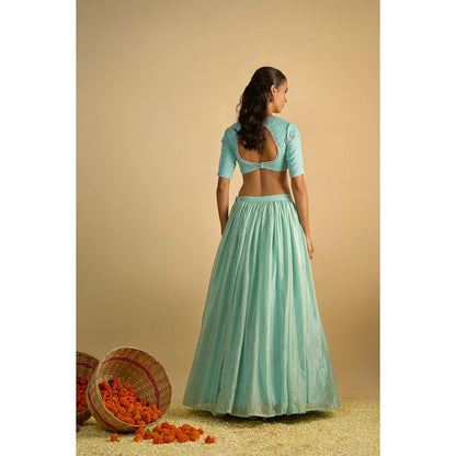 RAYASHA KHAN Aqua Crystal Blue Silk Chiffon Blouse with Lehenga and Dupatta