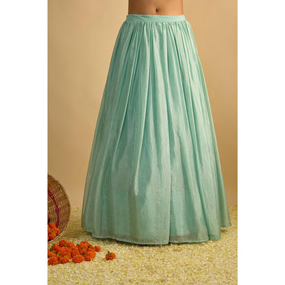 RAYASHA KHAN Aqua Crystal Blue Silk Chiffon Blouse with Lehenga and Dupatta