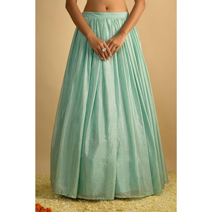 RAYASHA KHAN Aqua Crystal Blue Silk Chiffon Blouse with Lehenga and Dupatta