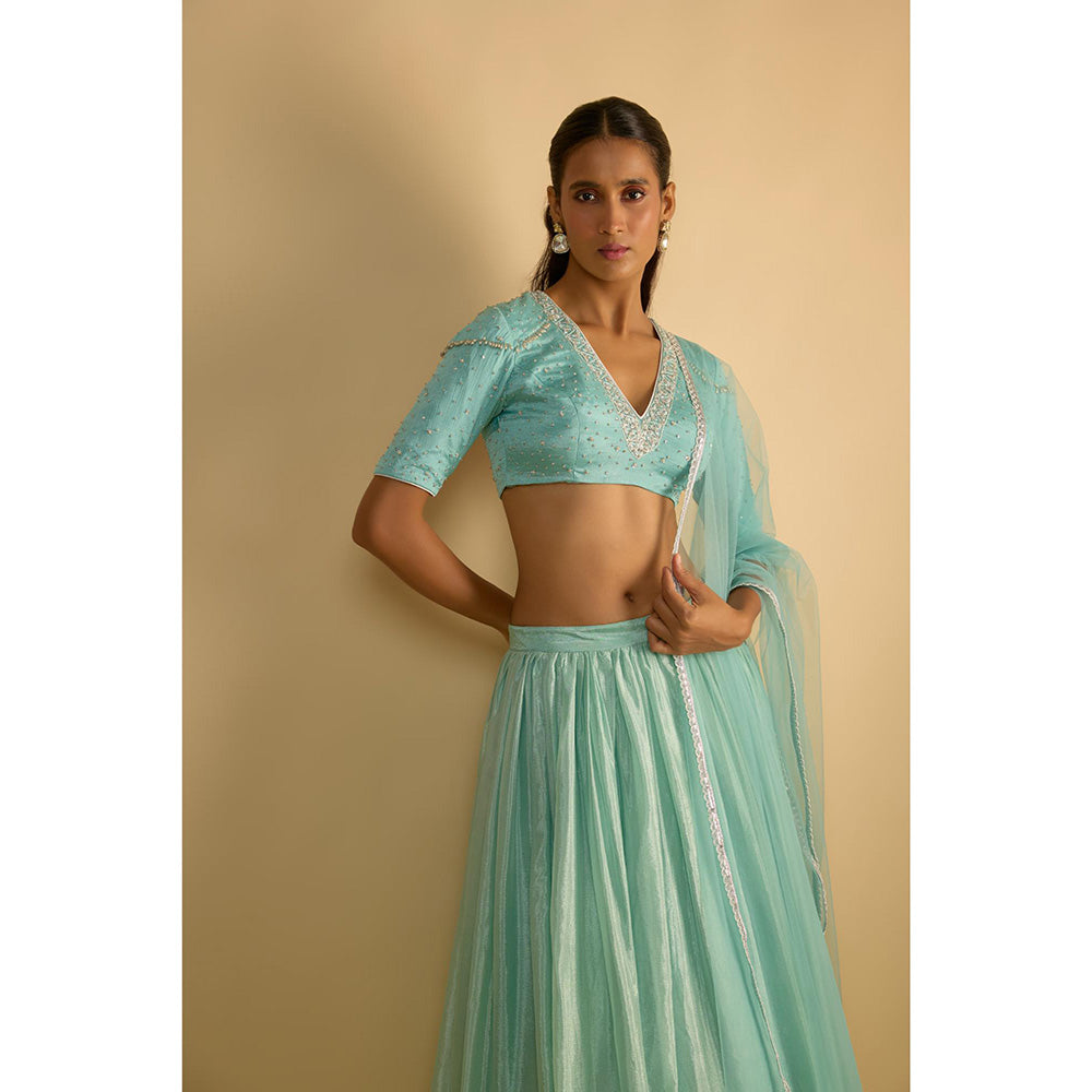 RAYASHA KHAN Aqua Crystal Blue Silk Chiffon Blouse with Lehenga and Dupatta