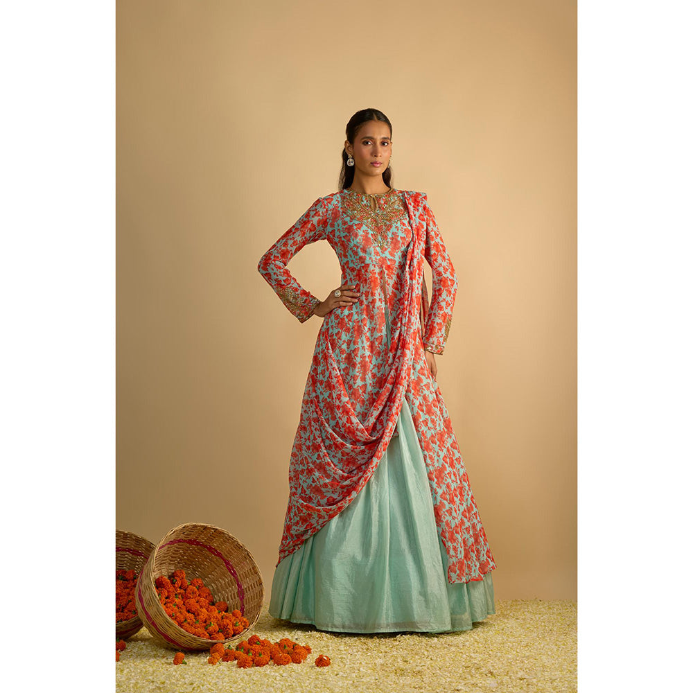 RAYASHA KHAN Aqua Printed Georgette Long Kurta with Attached Drape and Lehenga