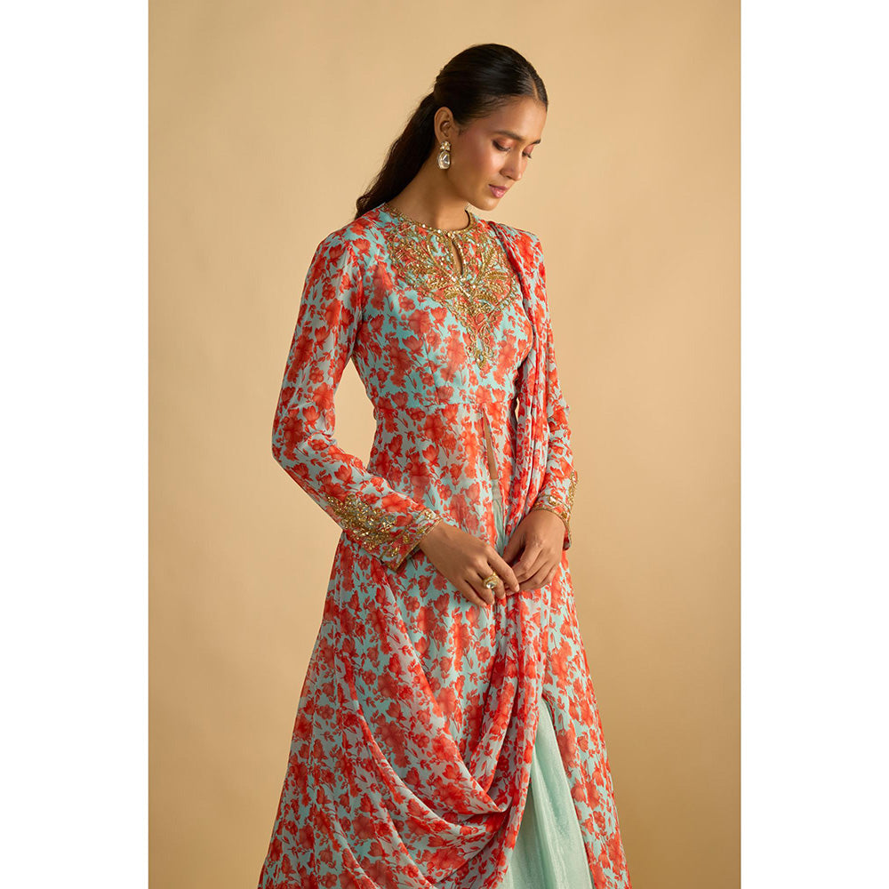 RAYASHA KHAN Aqua Printed Georgette Long Kurta with Attached Drape and Lehenga