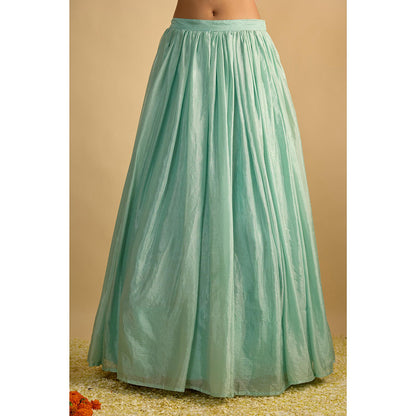 RAYASHA KHAN Aqua Printed Georgette Long Kurta with Attached Drape and Lehenga