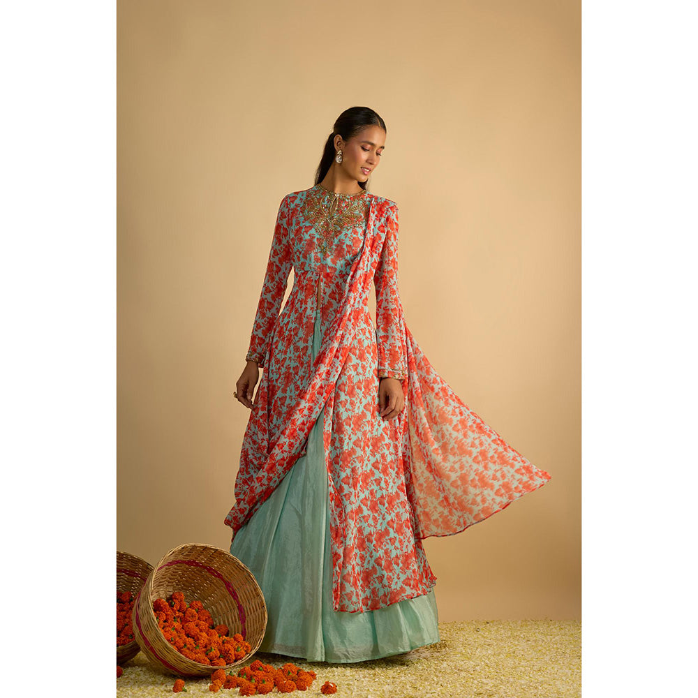 RAYASHA KHAN Aqua Printed Georgette Long Kurta with Attached Drape and Lehenga