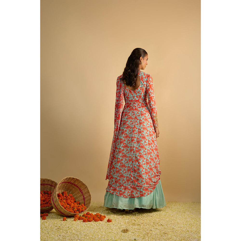 RAYASHA KHAN Aqua Printed Georgette Long Kurta with Attached Drape and Lehenga