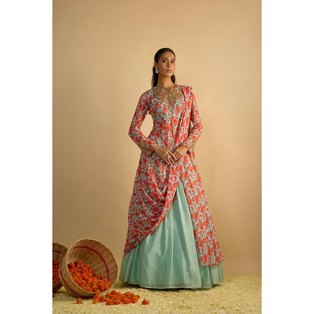 RAYASHA KHAN Aqua Printed Georgette Long Kurta with Attached Drape and Lehenga