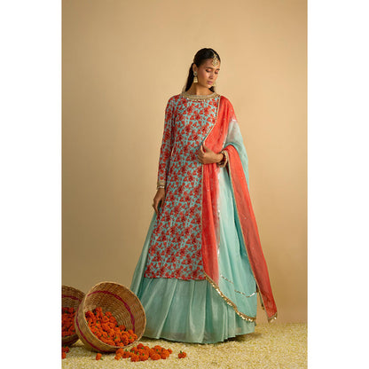 RAYASHA KHAN Aqua Printed Georgette Long Kurta with Lehenga and Dupatta