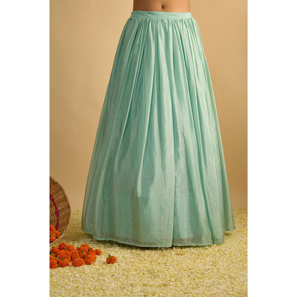 RAYASHA KHAN Aqua Printed Georgette Long Kurta with Lehenga and Dupatta