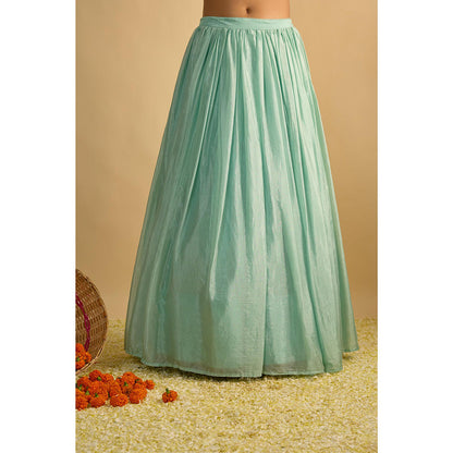 RAYASHA KHAN Aqua Printed Georgette Long Kurta with Lehenga and Dupatta