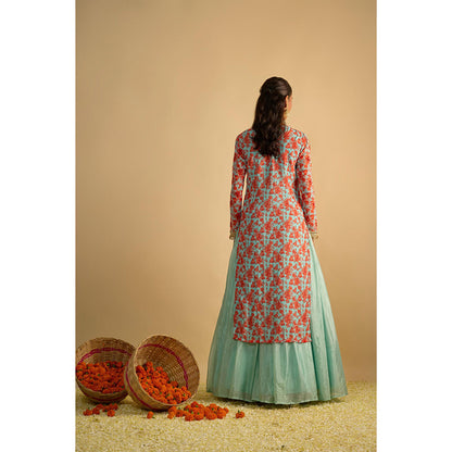 RAYASHA KHAN Aqua Printed Georgette Long Kurta with Lehenga and Dupatta