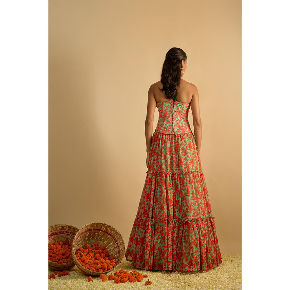 RAYASHA KHAN Green Printed Georgette Corset Top with Lehenga and Dupatta