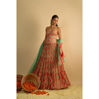 RAYASHA KHAN Green Printed Georgette Corset Top with Lehenga and Dupatta