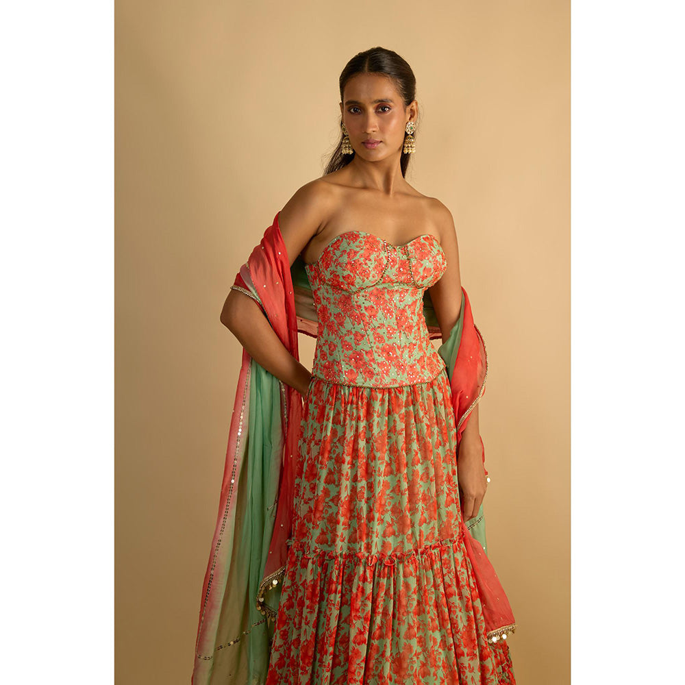 RAYASHA KHAN Green Printed Georgette Corset Top with Lehenga and Dupatta