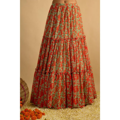 RAYASHA KHAN Green Printed Georgette Corset Top with Lehenga and Dupatta