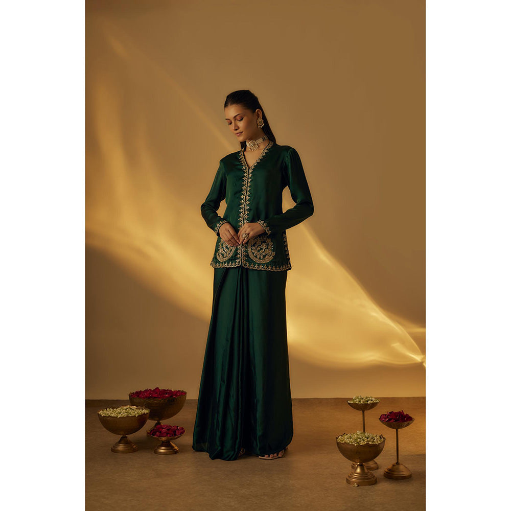 RAYASHA KHAN Forest Green Satin Jacket with Drape Skirt