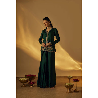 RAYASHA KHAN Forest Green Satin Jacket with Drape Skirt
