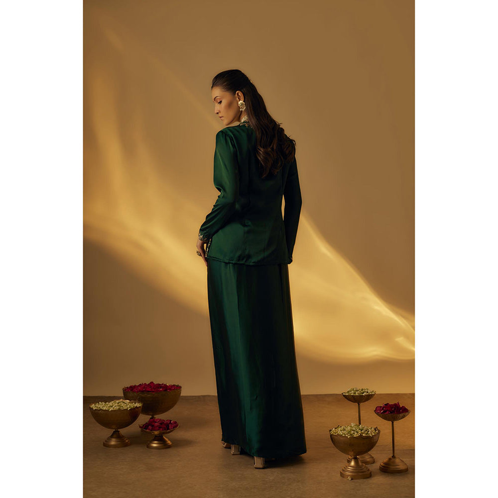 RAYASHA KHAN Forest Green Satin Jacket with Drape Skirt