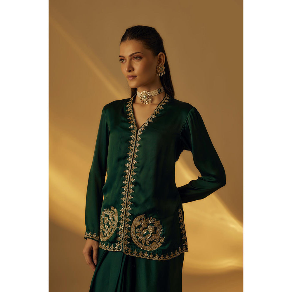 RAYASHA KHAN Forest Green Satin Jacket with Drape Skirt