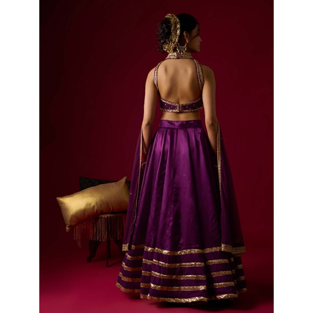 RAYASHA KHAN Brinjal Purple Russian Lehenga with Stitched Blouse and Dupatta