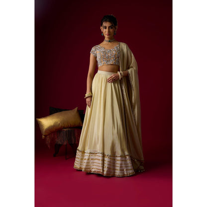 RAYASHA KHAN Beige Tissue Lehenga with Blouse and Dupatta