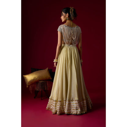 RAYASHA KHAN Beige Tissue Lehenga with Blouse and Dupatta