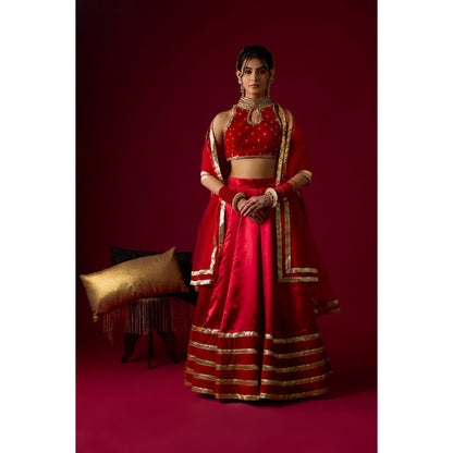 RAYASHA KHAN Ruby Red Russian Lehenga with Blouse and Dupatta
