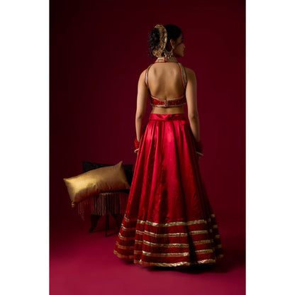 RAYASHA KHAN Ruby Red Russian Lehenga with Blouse and Dupatta