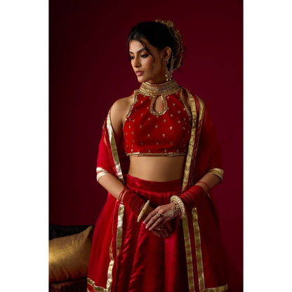 RAYASHA KHAN Ruby Red Russian Lehenga with Blouse and Dupatta