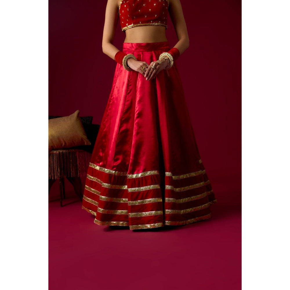 RAYASHA KHAN Ruby Red Russian Lehenga with Blouse and Dupatta