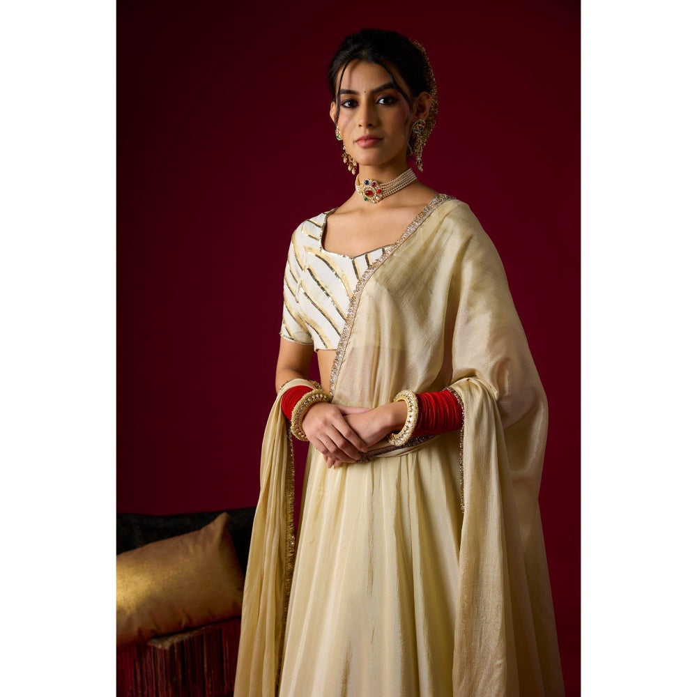 RAYASHA KHAN Gold Tissue Lehenga with Blouse and Dupatta