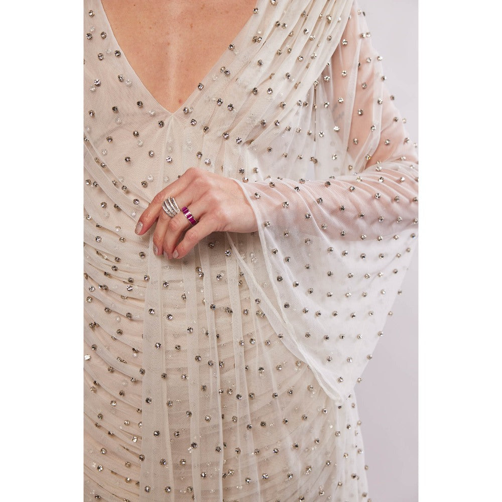 Realm By Vaishali Delilah Off White Crystal Embellished Mini Drape Dress
