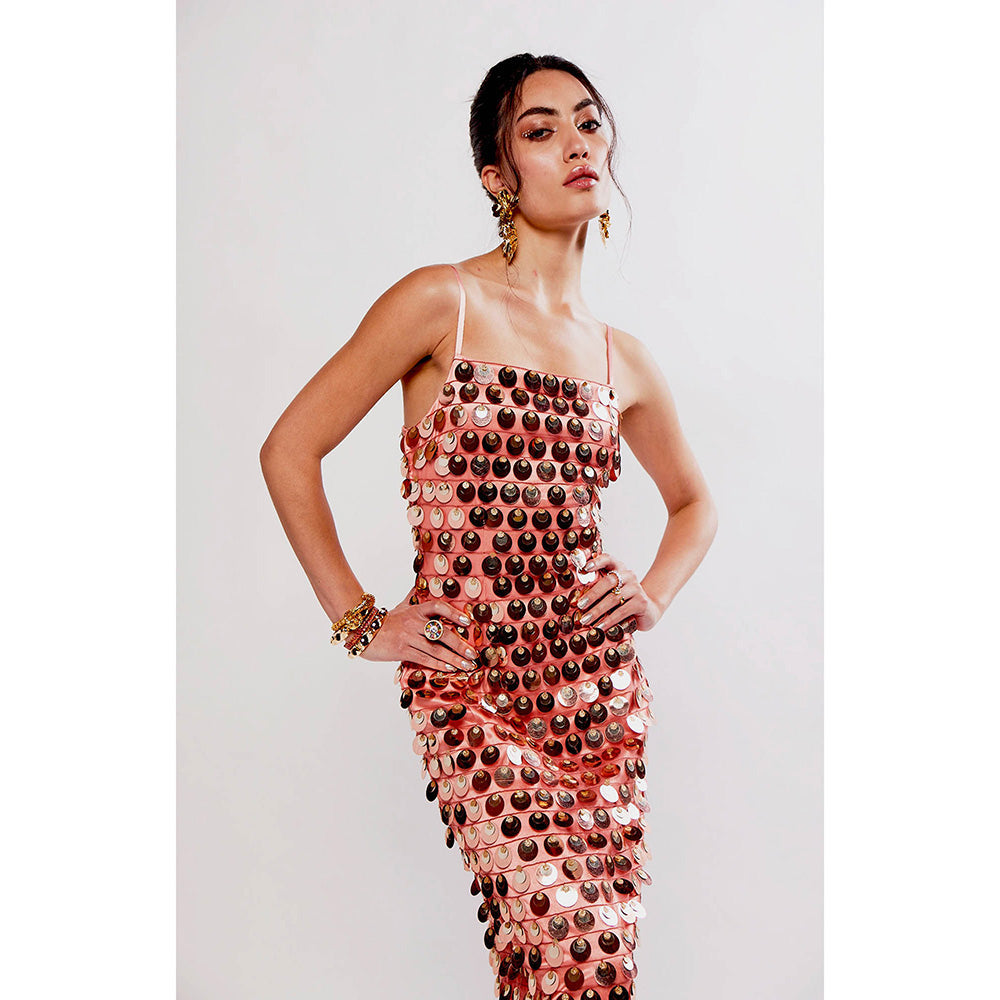 Realm By Vaishali Sundae Rose Gold Sequin Embellished Maxi Dress