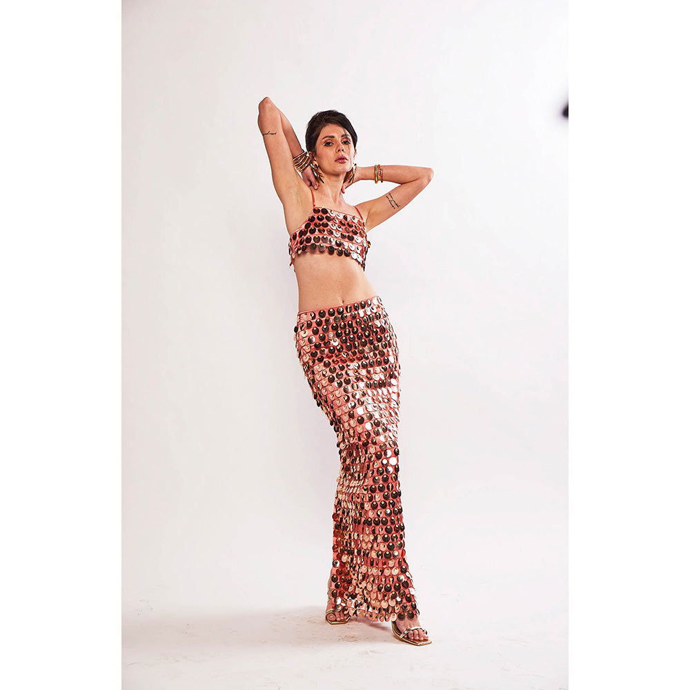 Realm By Vaishali Rose Gold Sundae Sequin Embellished Bralette with Skirt (Set of 2)