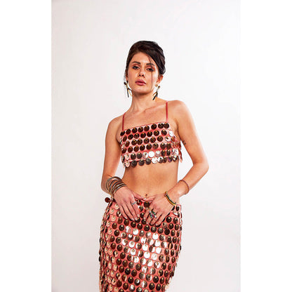 Realm By Vaishali Rose Gold Sundae Sequin Embellished Bralette with Skirt (Set of 2)
