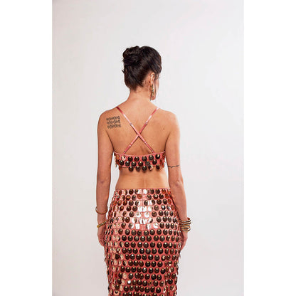 Realm By Vaishali Rose Gold Sundae Sequin Embellished Bralette with Skirt (Set of 2)