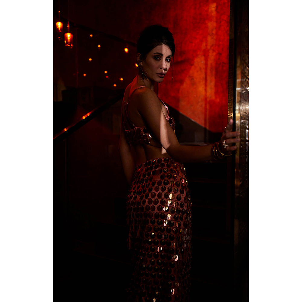 Realm By Vaishali Rose Gold Sundae Sequin Embellished Bralette with Skirt (Set of 2)