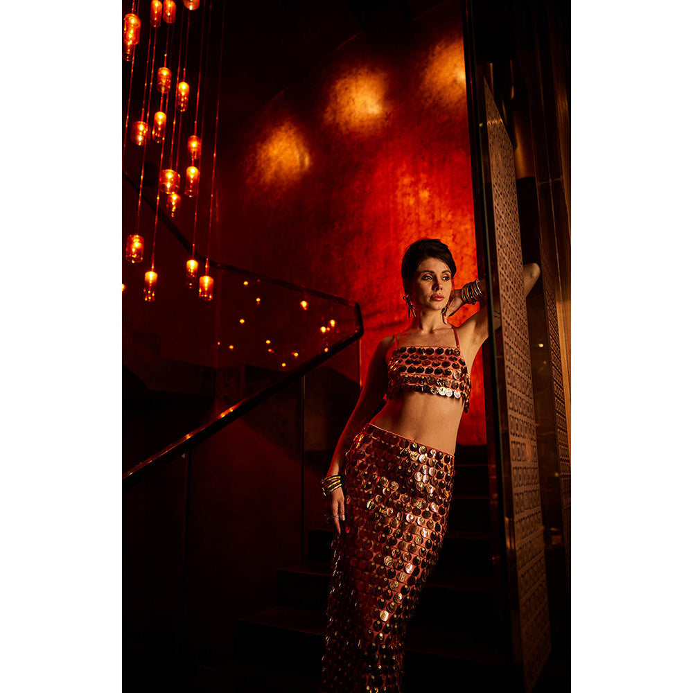 Realm By Vaishali Rose Gold Sundae Sequin Embellished Bralette with Skirt (Set of 2)