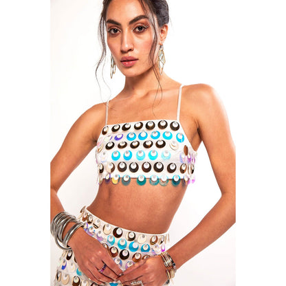 Realm By Vaishali Sea Maiden Iridescent White Sequin Embellished Bralette with Skirt (Set of 2)