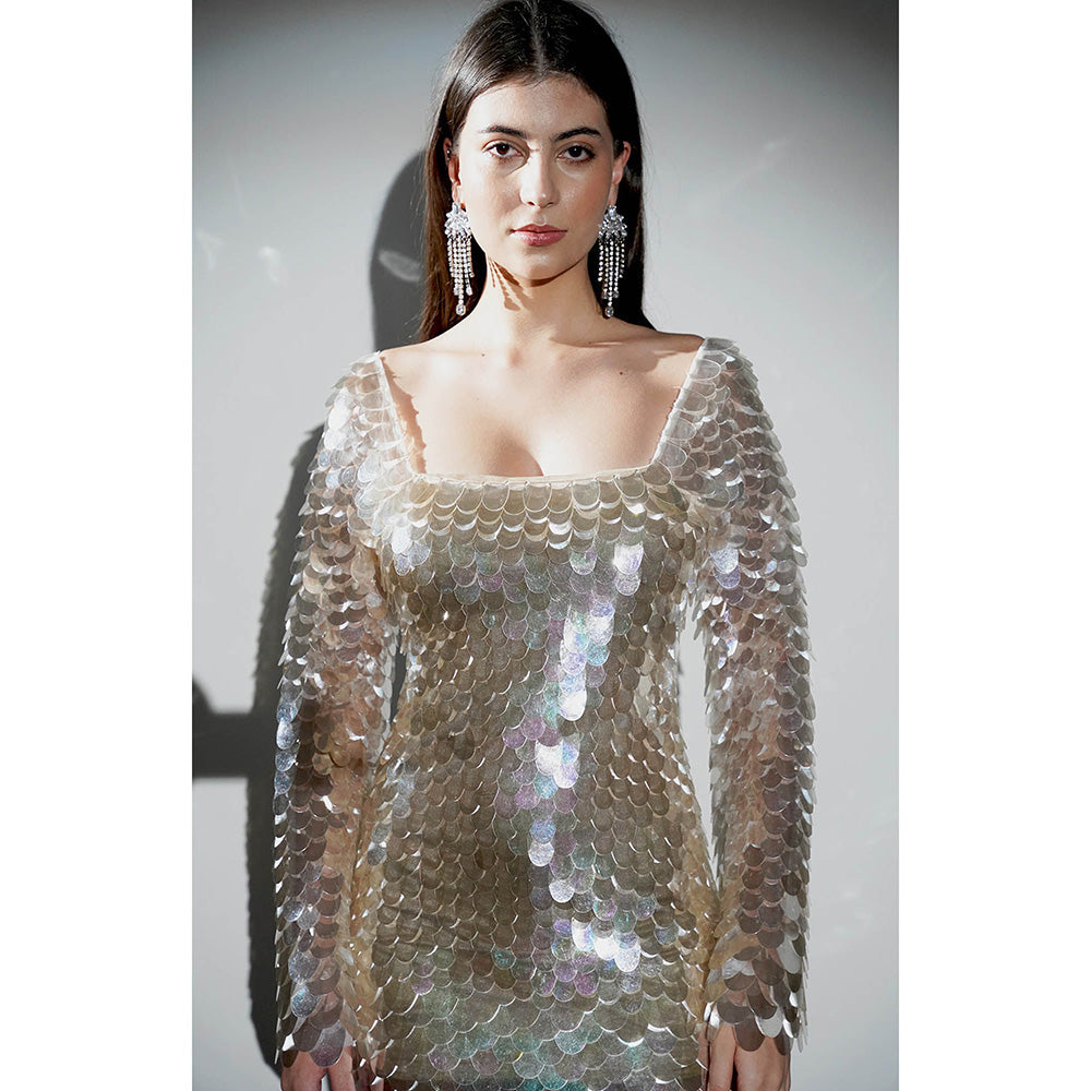 Realm By Vaishali Silver Anastasia Holographic Sequins Embellished Mini Dress