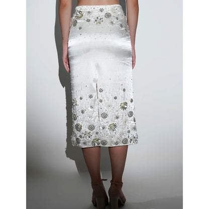 Realm By Vaishali Charlotte White Floral Sequin Embellished Midi Skirt