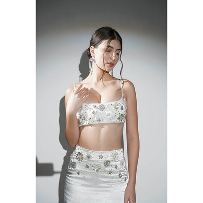 Realm By Vaishali Charlotte White Floral Sequin Embellished Bralette with Skirt (Set of 2)